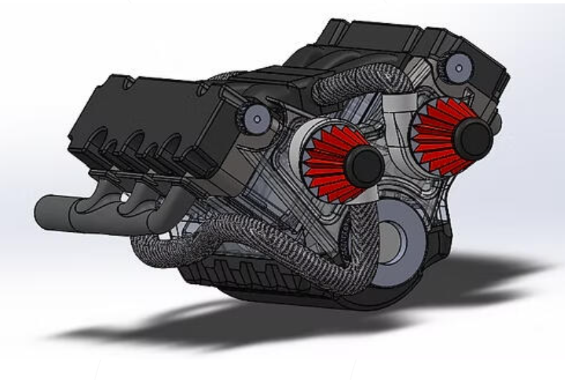 Komplexe CAD-Konstruktion eines V6-Motors mit Twin-Turbo-System