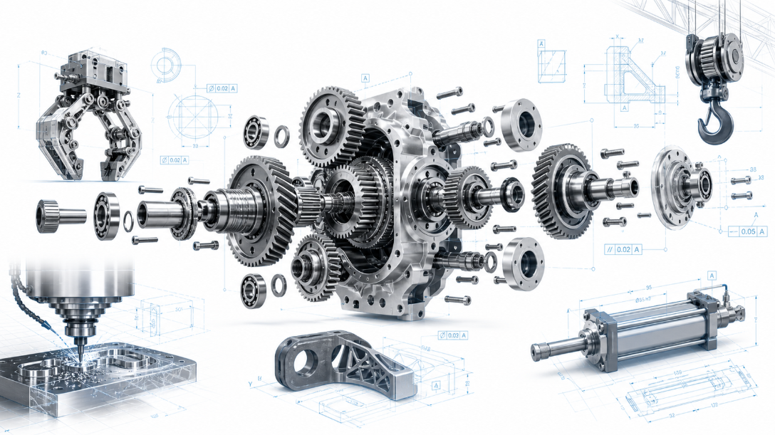 Animierte mechanische Konstruktion und CAD-Baugruppe
